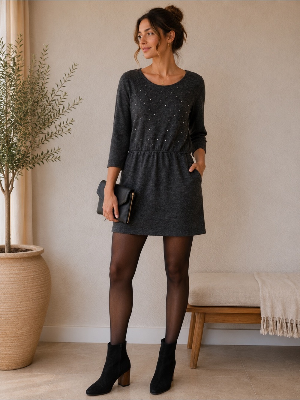 LOFT Embellished Sweater Dress – Charcoal Gray